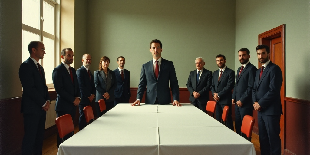 a group of people standing around a table in a building with a white table cloth on it and a man in
