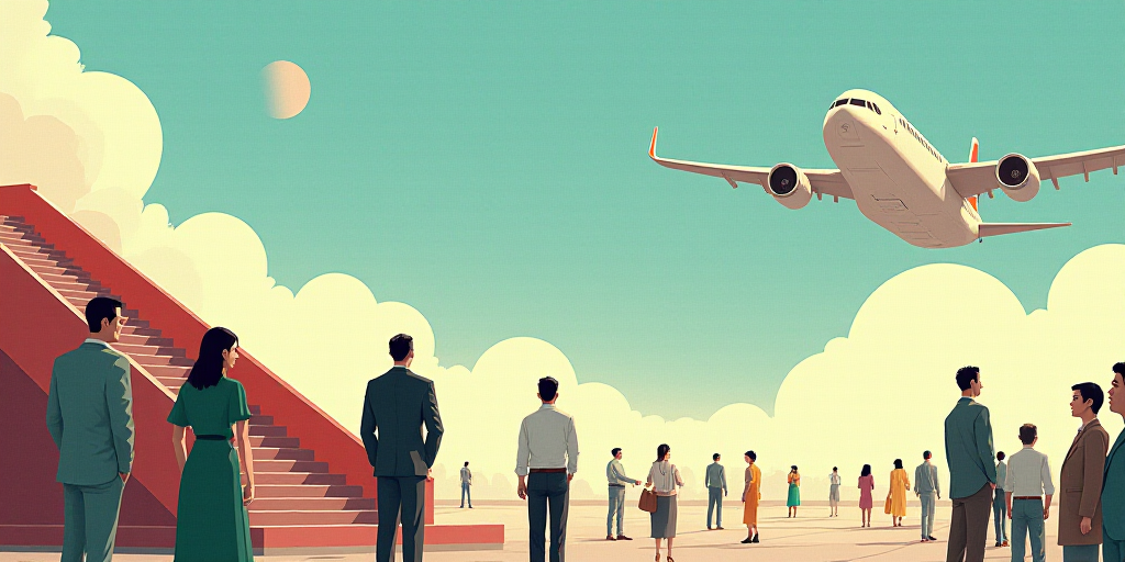 a group of people standing around each other near a staircase and a plane with a man in a suit, Cao