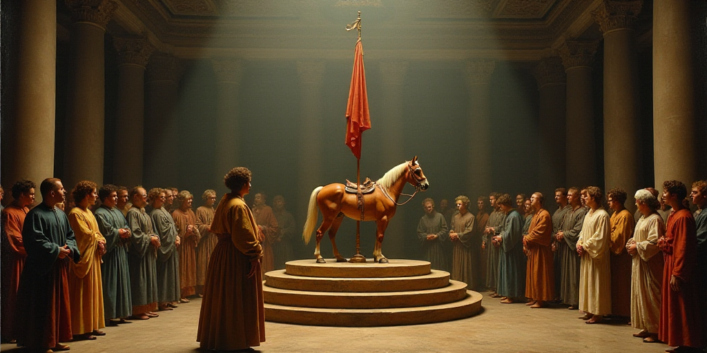 a group of people standing around a stage with a flag on it's pole and a horse on the other side, An
