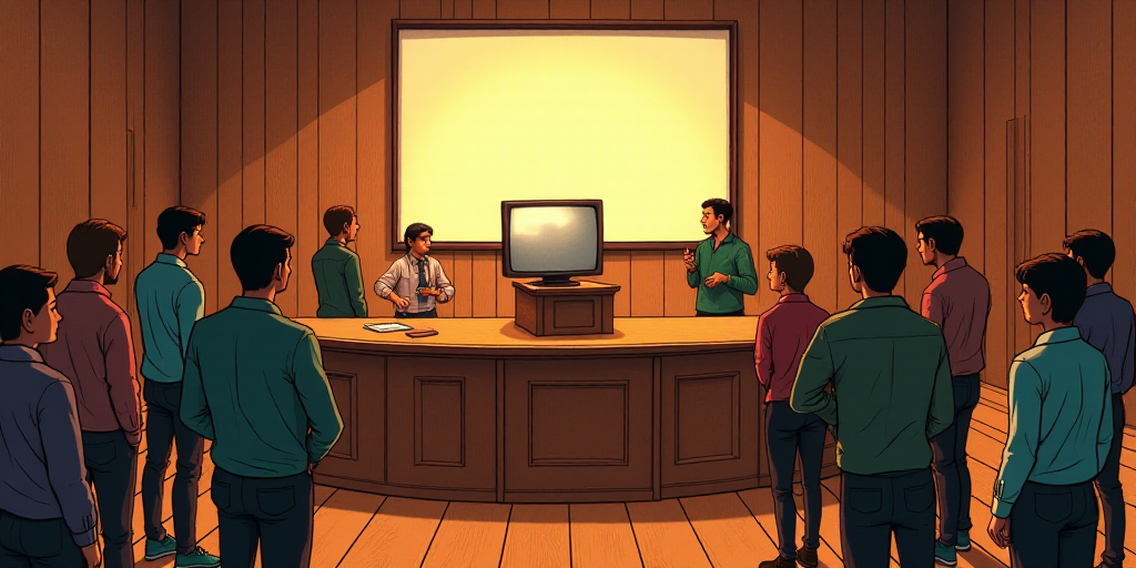 a group of people standing around a wooden table in a room with a tv on it and a podium, Carlos Fran