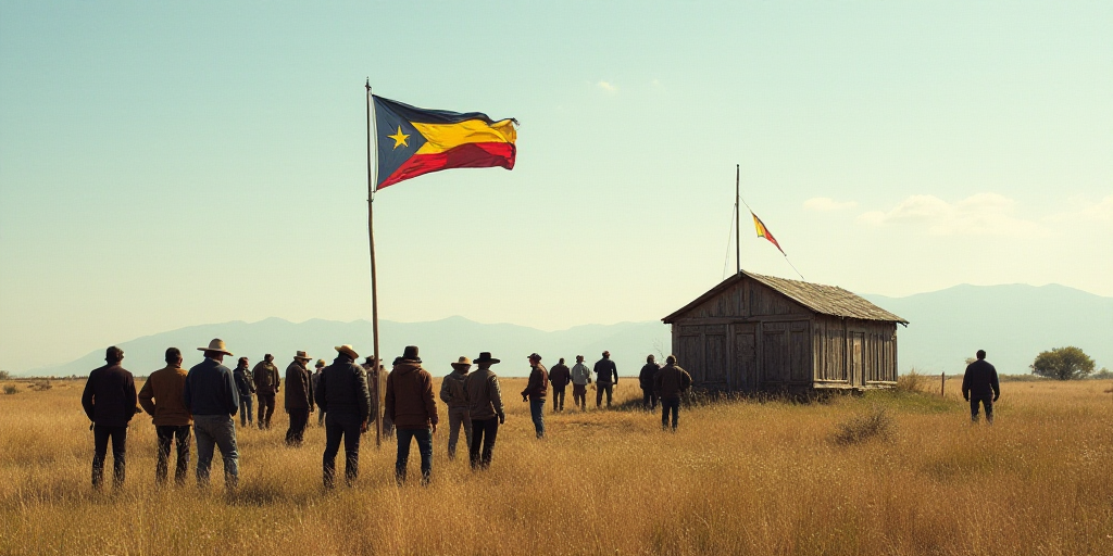 a group of people standing around a field next to a flag pole and a building with a flag on it, Fede