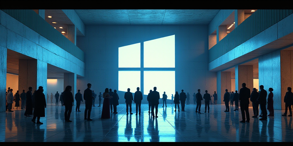 a group of people standing around a microsoft logo in a building with windows on it's side and a sig