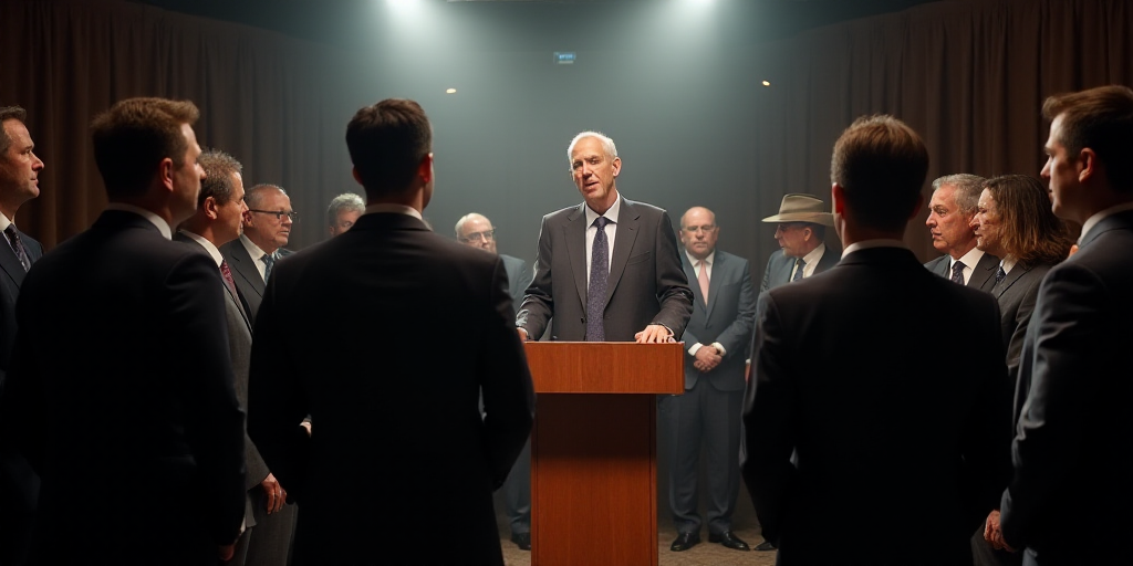 a group of people standing around a podium with cameras around them and a man in a suit and tie, Dav