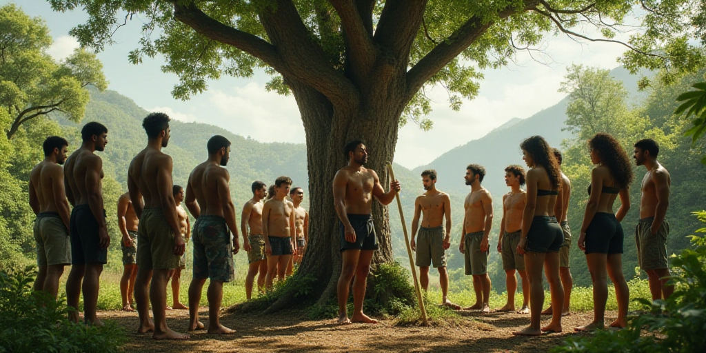 a group of people standing around a tree with a man holding a stick in the middle of the picture, Ca