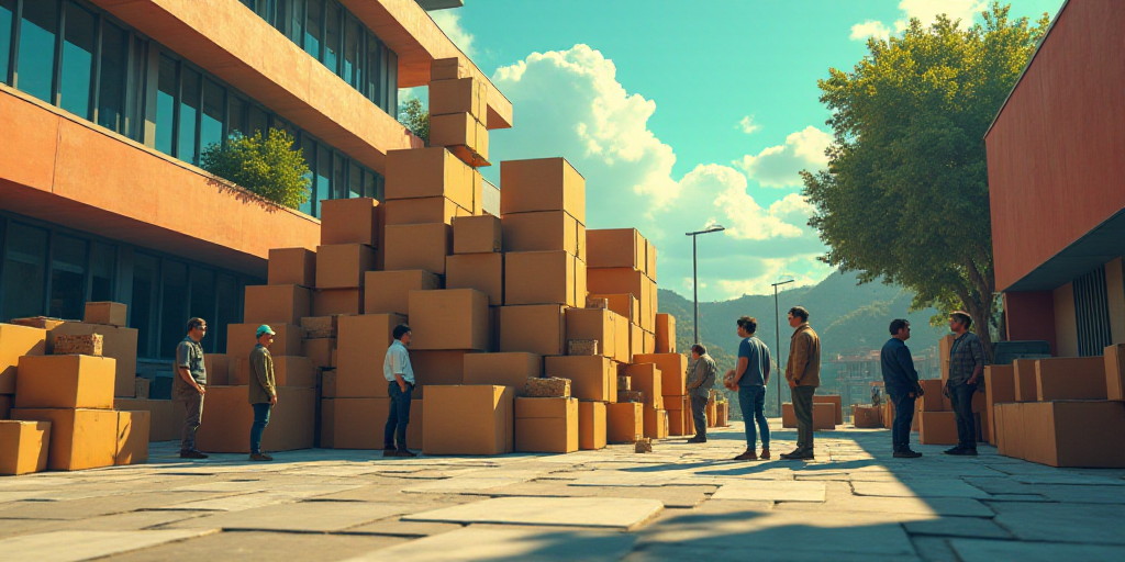a group of people standing around a pile of boxes on top of a street with a building in the backgrou