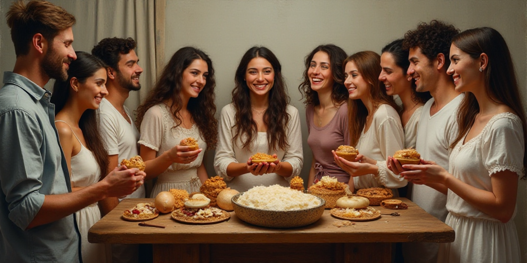 a group of people standing around each other holding food items in their hands and smiling at the ca