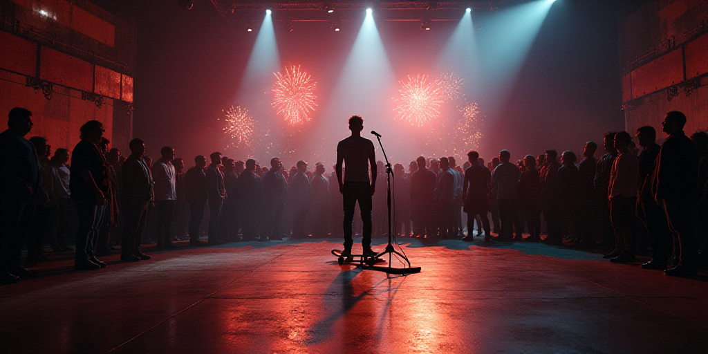 a group of people standing around a stage with a microphone in front of them and a man standing on a