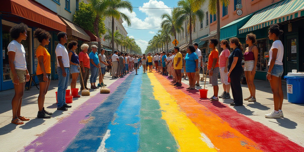 a group of people standing around with brooms and buckets on the ground in front of them and a rainb