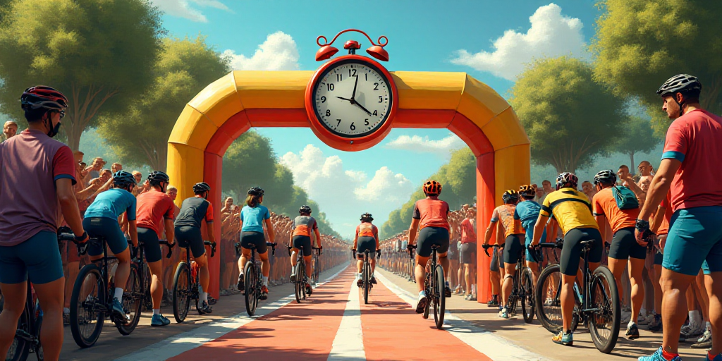 a group of people standing around a bike race finish line with a clock on the top of the finish line