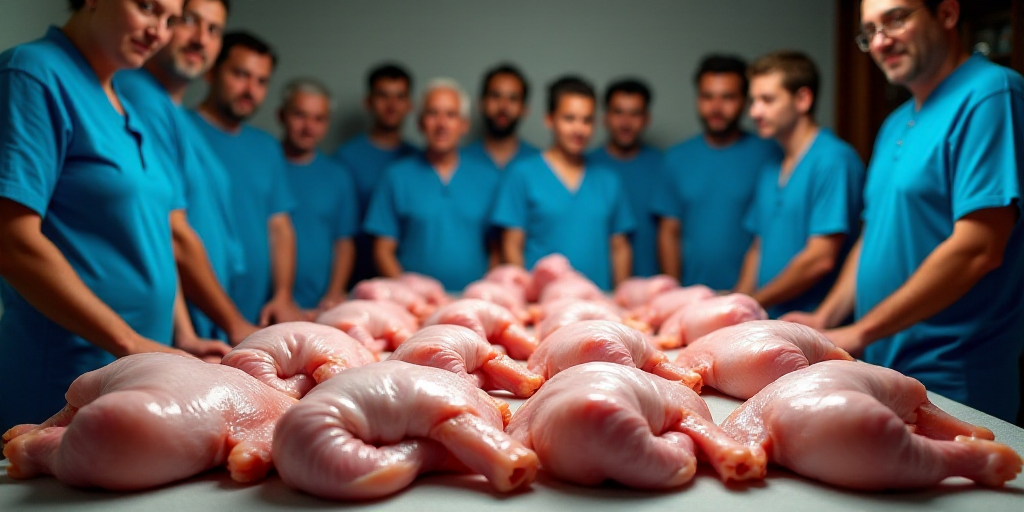 a group of people standing around a table with raw chicken on it's sides and people in blue shirts s