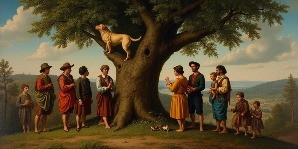 a group of people standing around a tree with a dog on it's back and a man holding a baby, Dave Arre