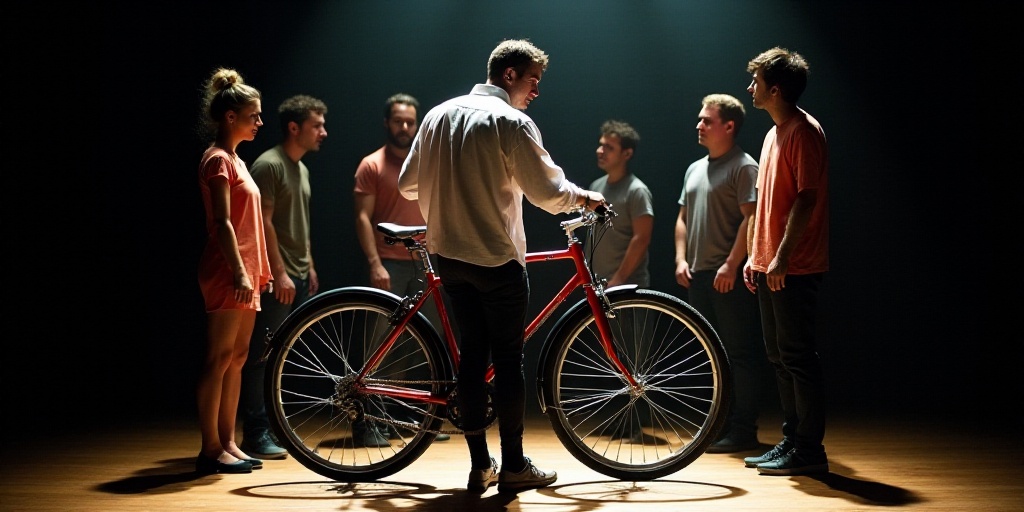 a group of people standing around a bike on a stage with a man standing next to it and a woman stand