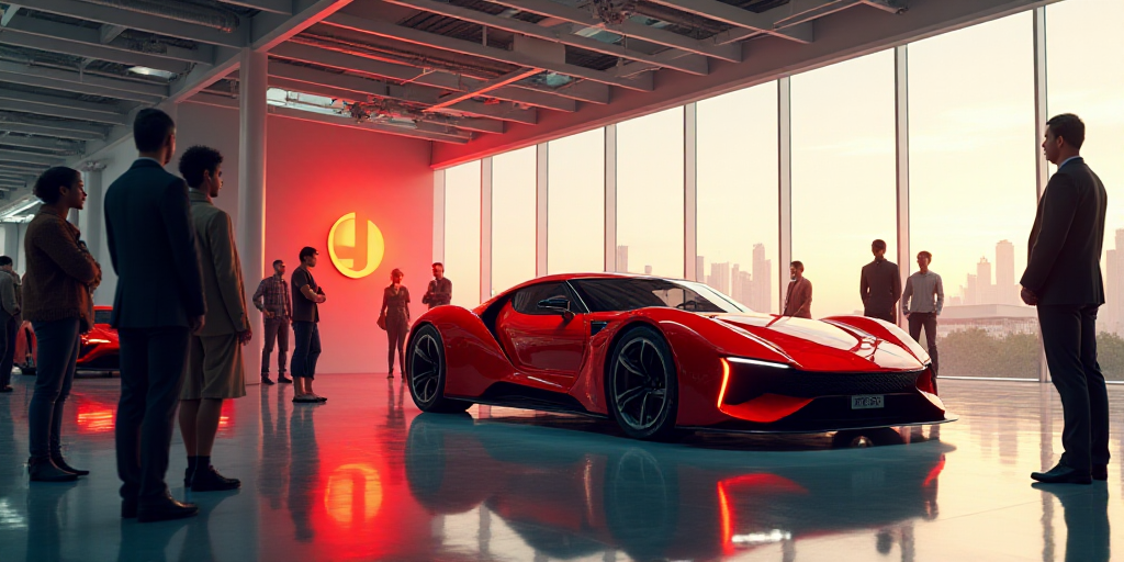 a group of people standing around a red car in a showroom with a red car in the background, Edi Rama