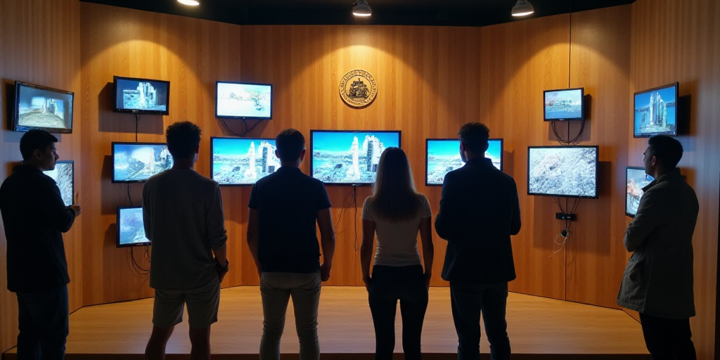 a group of people standing around a display of different types of televisions and monitors on wooden