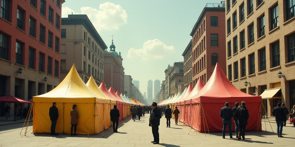 a group of people standing around tents in a city street with buildings in the background and people