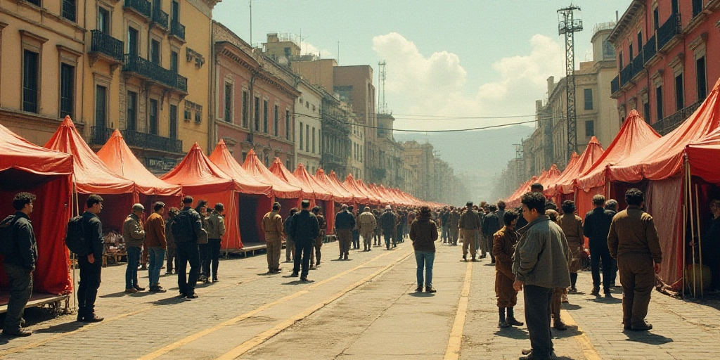 a group of people standing around tents in a city street with buildings in the background and people