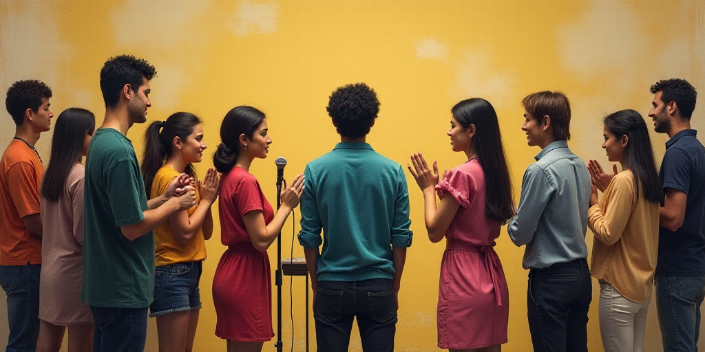 a group of people standing around a wall with a microphone in front of them and clapping hands in fr