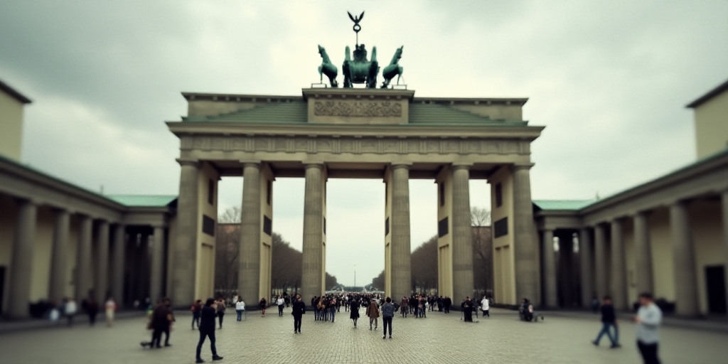 a group of people standing around a large building with columns and statues on top of it's sides, Be