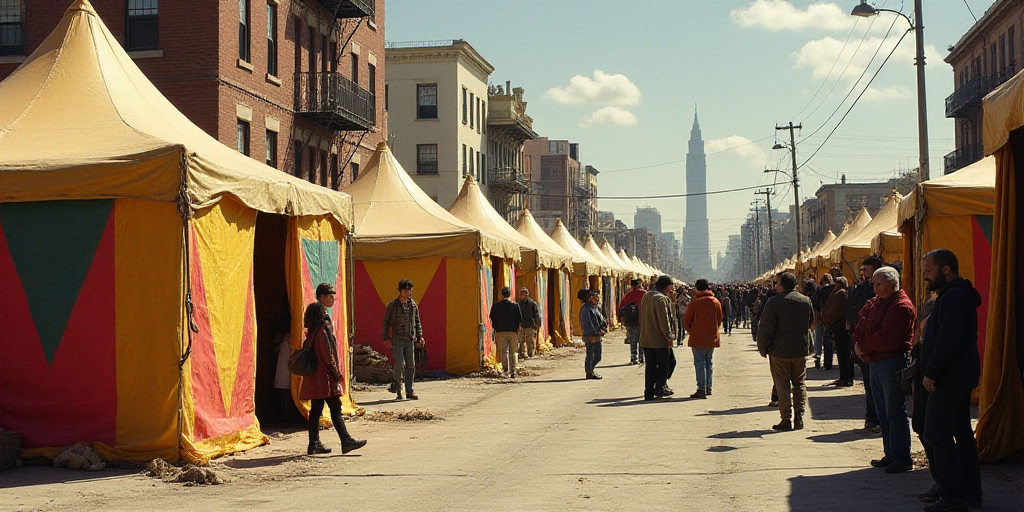 a group of people standing around tents in a city street with buildings in the background and people