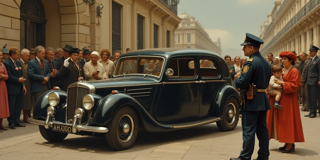 a group of people standing around a car in the street with a police officer standing next to it and