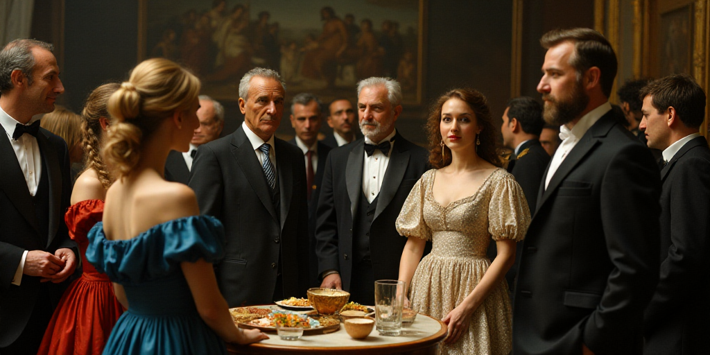 a group of people standing around a table with a camera behind them and a crowd of people behind the