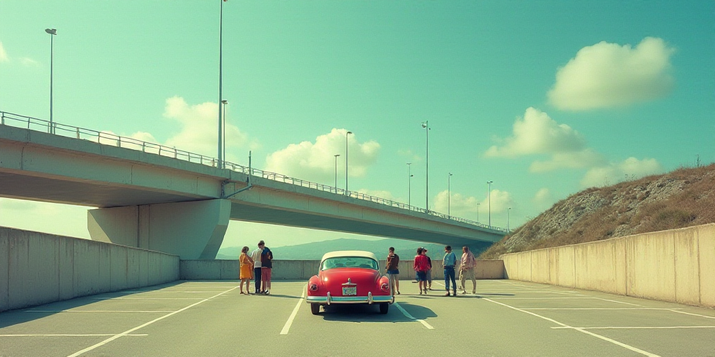 a group of people standing around a car in a parking lot next to a bridge and a bridge overpass, Edu