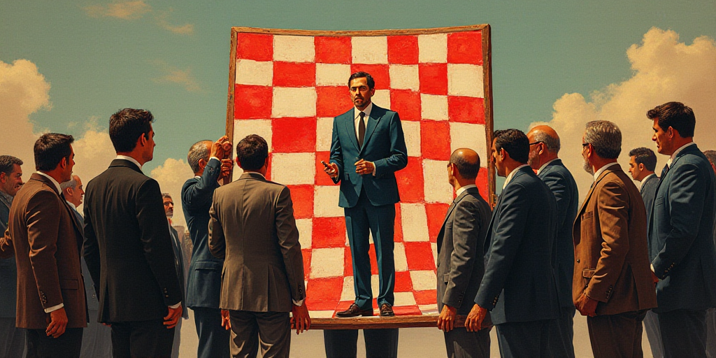 a group of people standing around each other holding a large checkered board with a man in a suit on