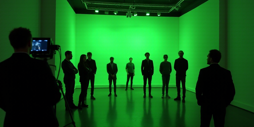 a group of people standing around a green screen in a room with a camera and a green screen behind t