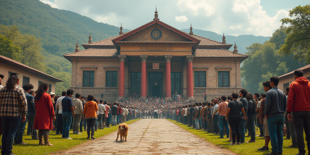 a group of people standing around a group of people in front of a building with a dog on the ground,