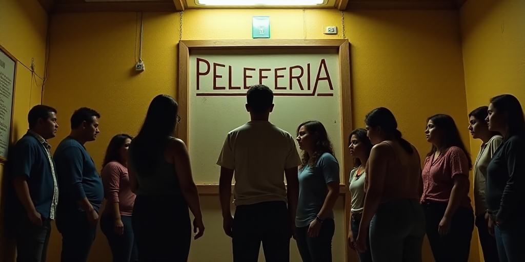 a group of people standing around each other in a room with a sign that says peleferia, Federico Uri
