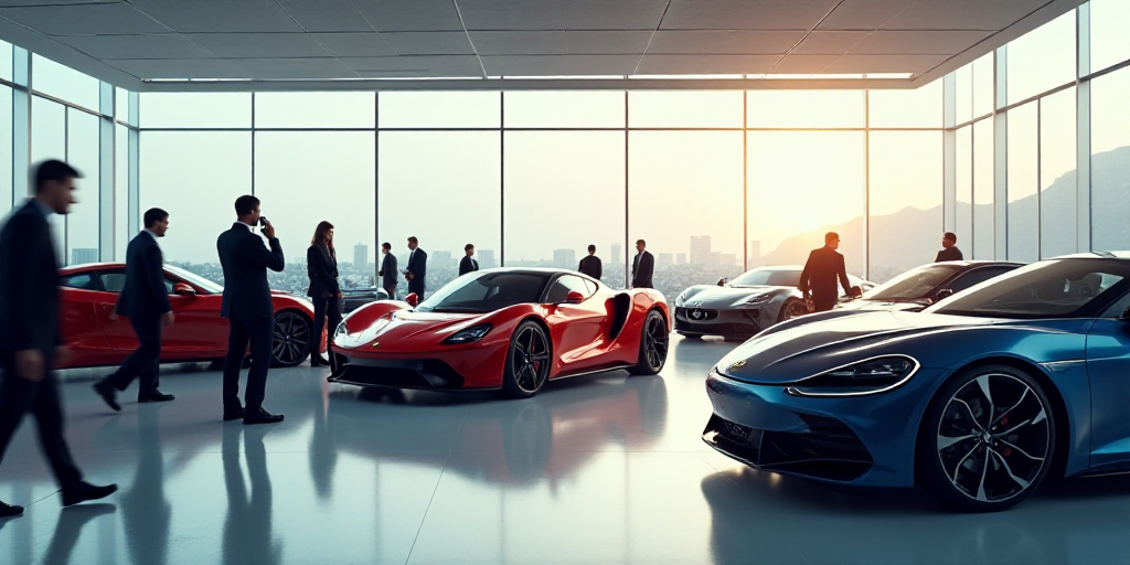 a group of people standing around a bunch of cars in a showroom with people walking around them and