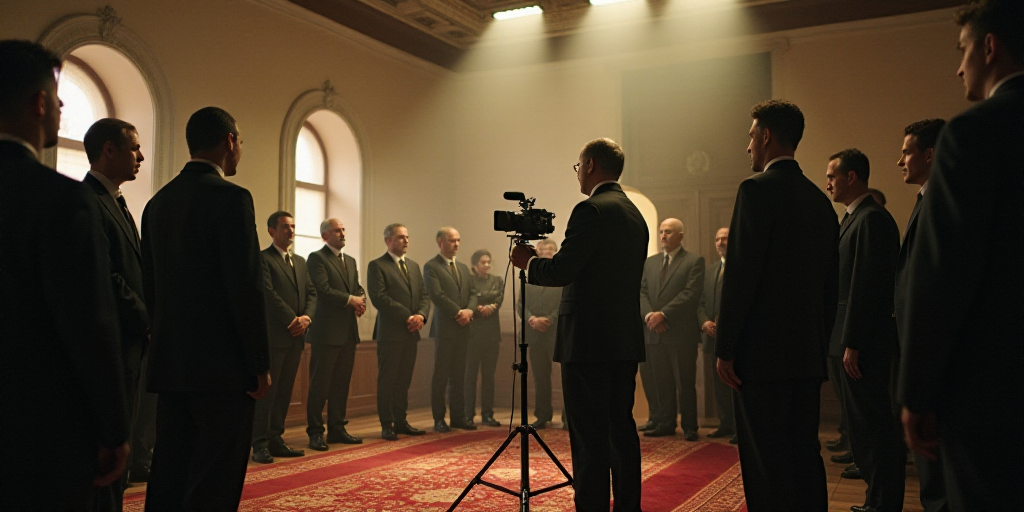 a group of people standing around each other in a room with a camera on a tripod and a man holding a