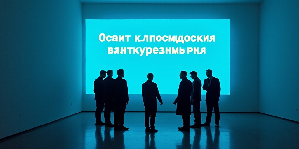 a group of people standing around each other in front of a blue wall and a sign with a russian langu