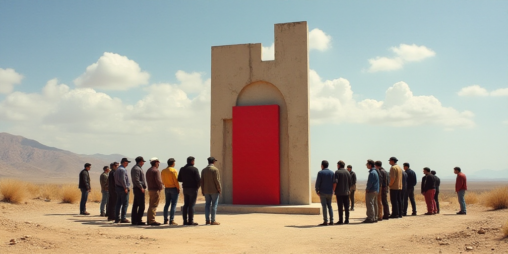 a group of people standing around a monument in the dirt with a sky background and a red sign in the