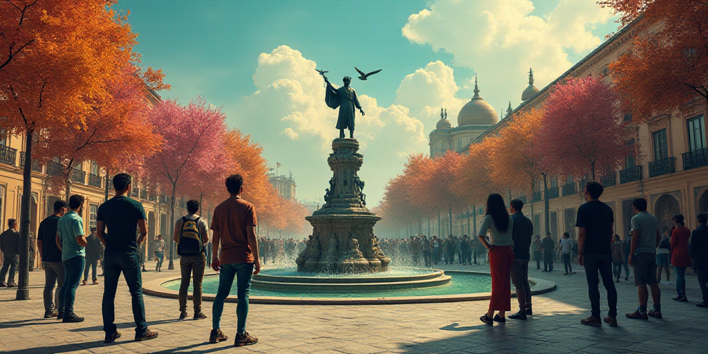 a group of people standing around a fountain in a city square with a statue of a man holding a bird,