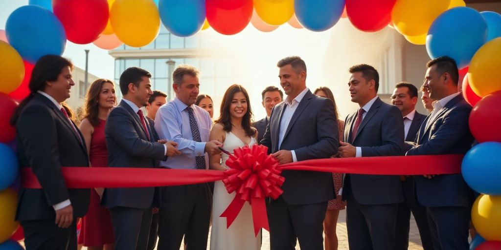 a group of people standing around a ribbon cutting a ribbon at a ribbon cutting ceremony with balloo