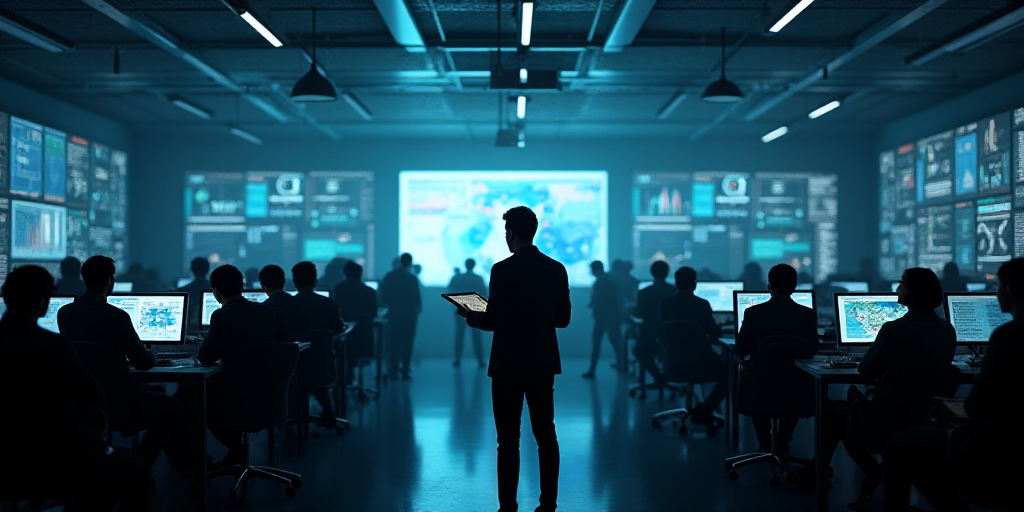 a group of people standing around a room with lots of monitors on it's walls and a man holding a tab