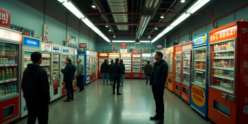 a group of people standing around a store filled with items and vending machines with people standin