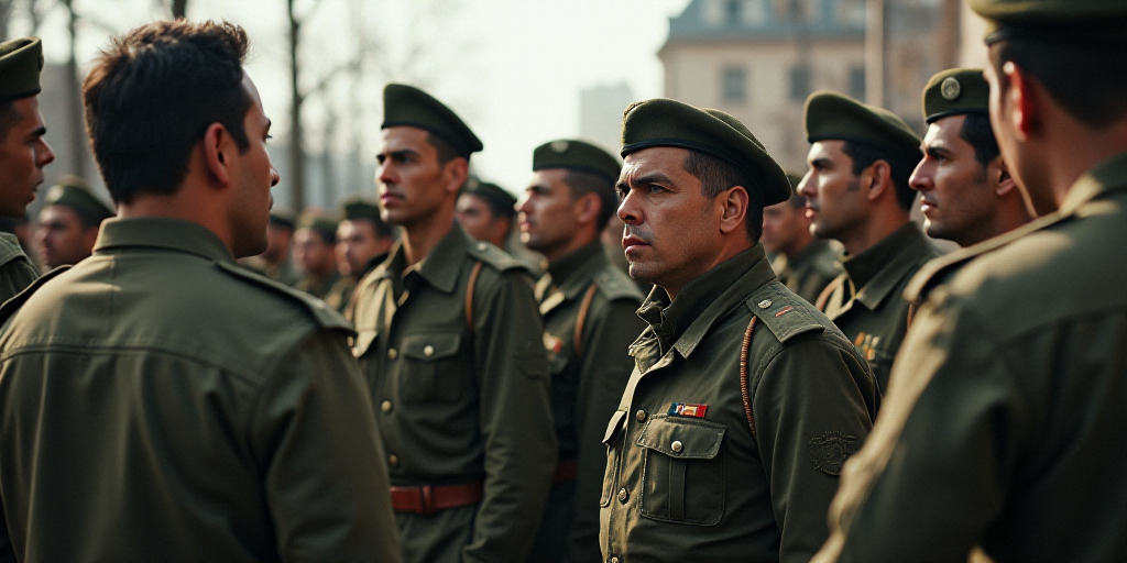 a group of people standing around each other in military uniforms and looking at something on a came