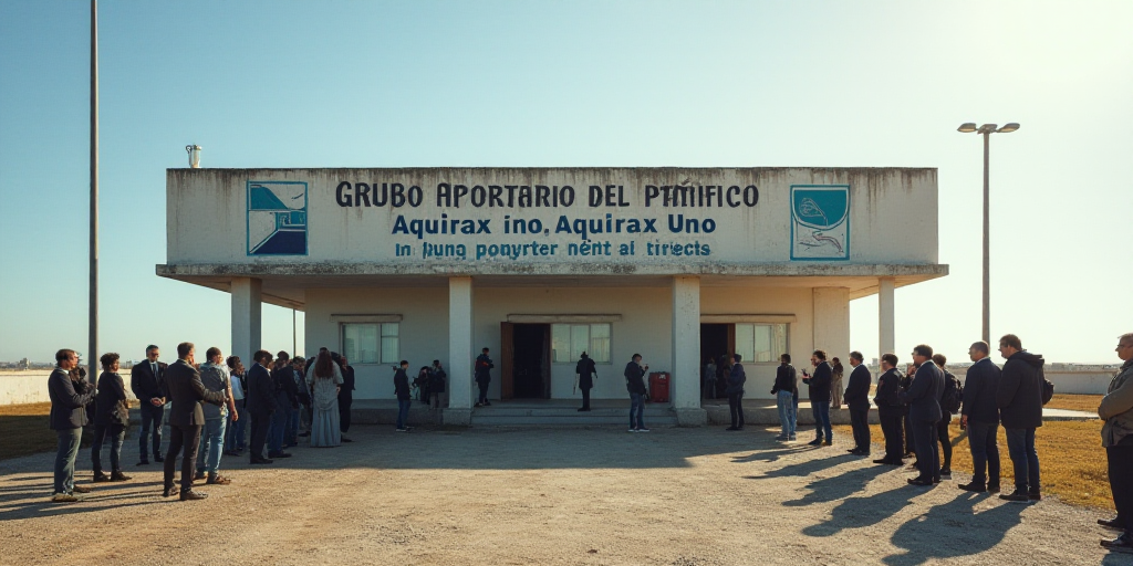 a group of people standing around a building with a sign on it that says grupo aeroportuario del pac