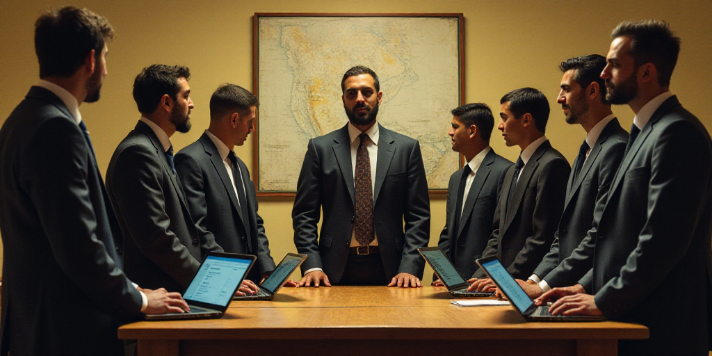 a group of people standing around a table with laptops on it and a man in a suit standing behind the