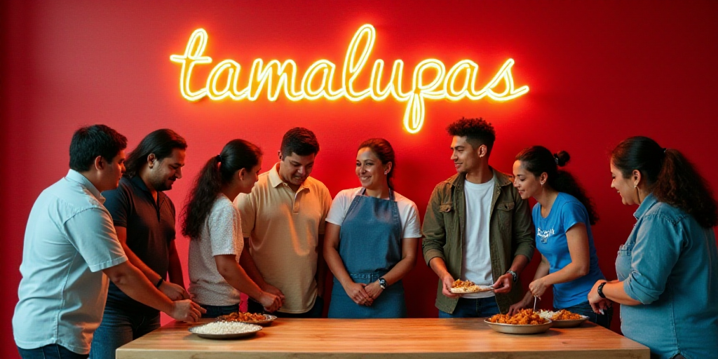 a group of people standing around a table in front of a sign that says tamalupas and a red backgroun
