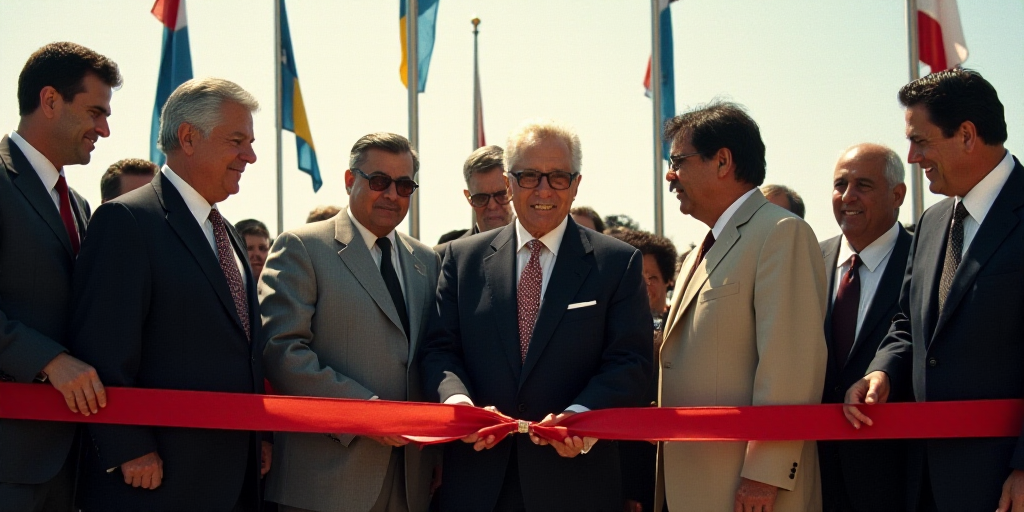 a group of people standing behind a ribbon cutting a ribbon at a ceremony with flags behind them and