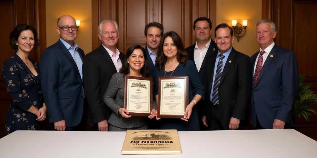 a group of people standing behind a table with a plaque on it that says dad de mexico and two women