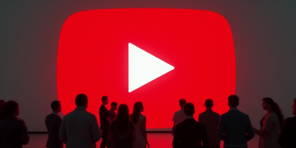 a group of people standing in front of a red play button logo with a white arrow on it's side, Ahmed