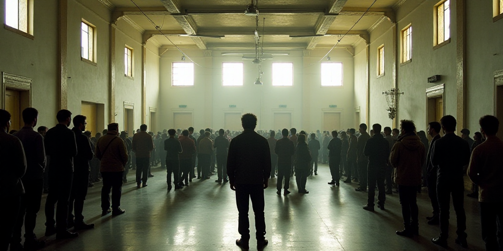 a group of people standing in a building with a large group of people standing in the middle of the
