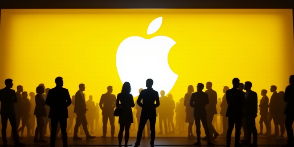 a group of people standing in front of an apple sign at night time with a yellow background and a wh