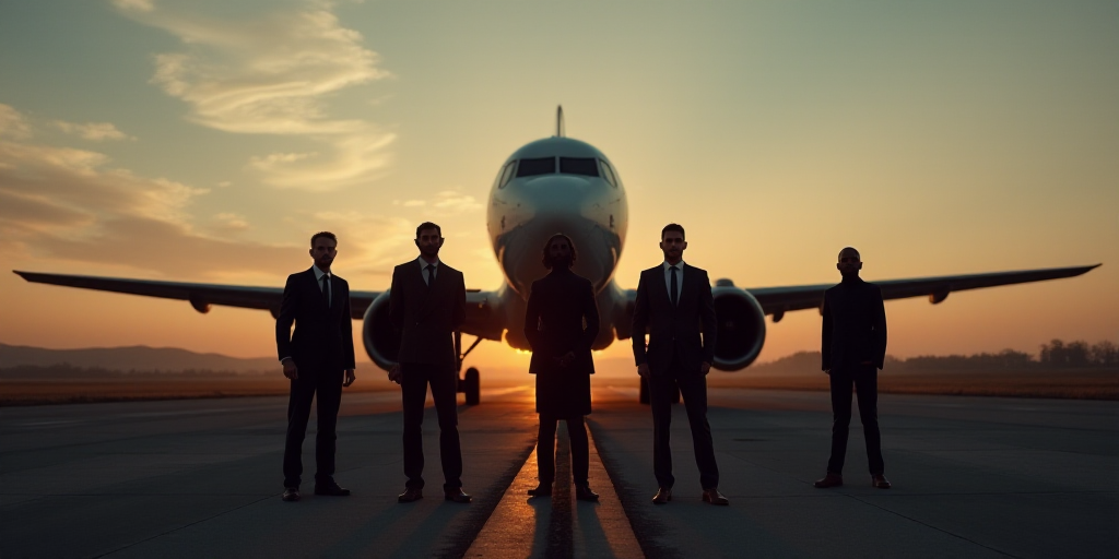 a group of people standing in front of a plane on a runway at dusk or dawn or dawn, with a plane in