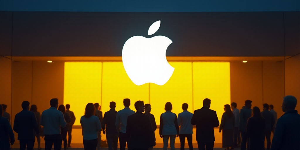 a group of people standing in front of an apple sign at night time with a yellow background and a wh