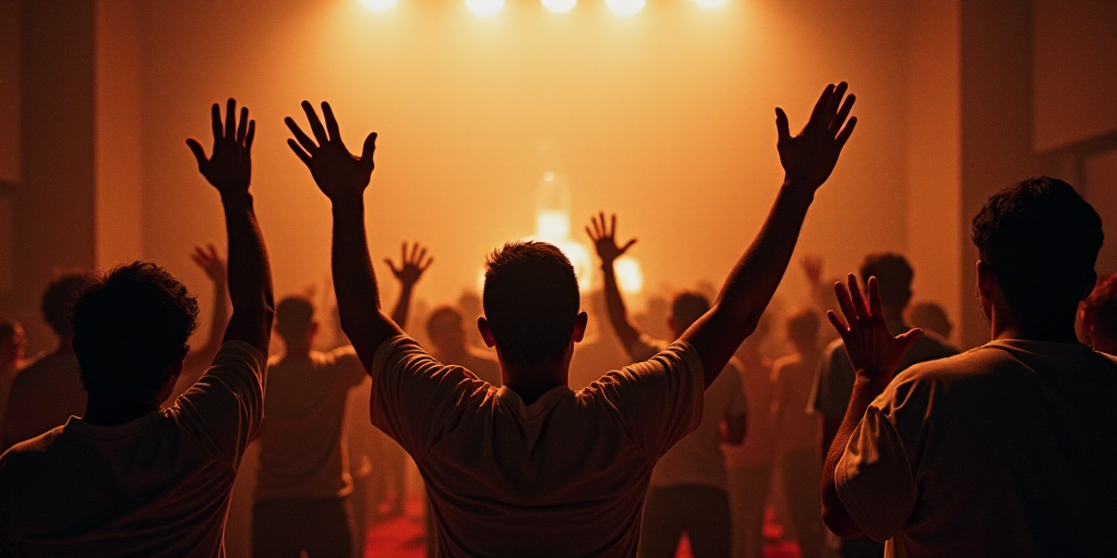 a group of people standing in a room with their hands up in the air and clapping to the camera, Davi